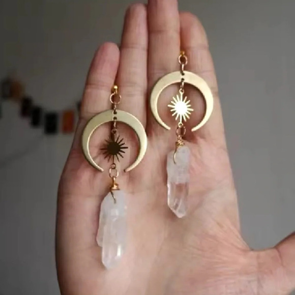 Anthropologie Jewelry - Sun Crescent Gold Natural Stone Witchy Earrings